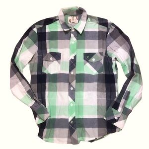 OP Ocean Pacific Men’s Madras Plaid Shirt Large 42-44 Button Front Long Sleeves